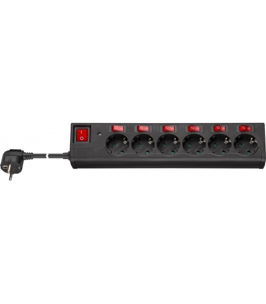 Six-way power strip with switch 1.5 m black - individually switchable sockets, with childproofing and 