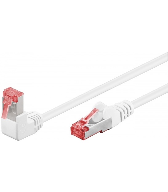 CAT 6 patchcable 1x 90°angled, S/FTP (PiMF), white, 2 m - latch on top, LSZH halogen-free, copper