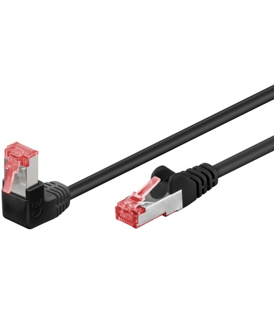 CAT 6 patchcable 1x 90°angled, S/FTP (PiMF), black, 2 m - latch on top, LSZH halogen-free, copper