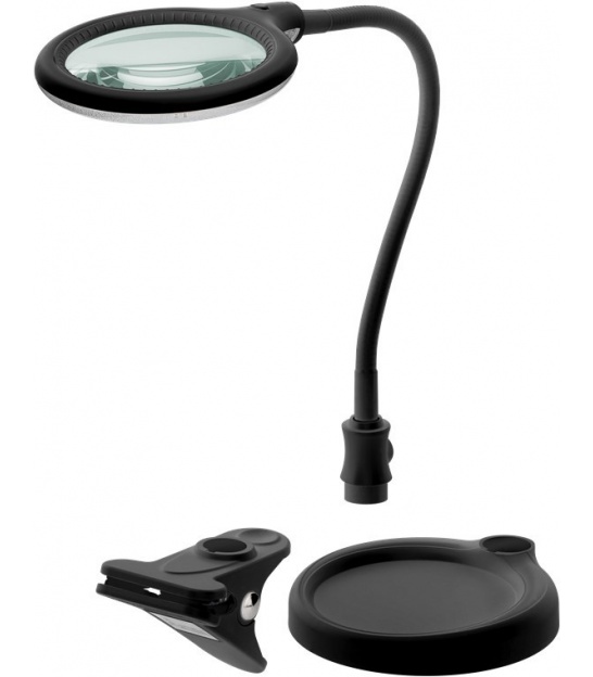 Lampa lupa LED z podstawą/zaciskiem, 6 W, czarny 480 lm, szklana soczewka 100 mm, powiększenie 1,75x, 3 dioptrie